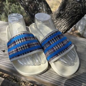 Adidas Adilette Slides Wonder White Blue Bird GW0821 Sz 9 Blue Stripe Plaid